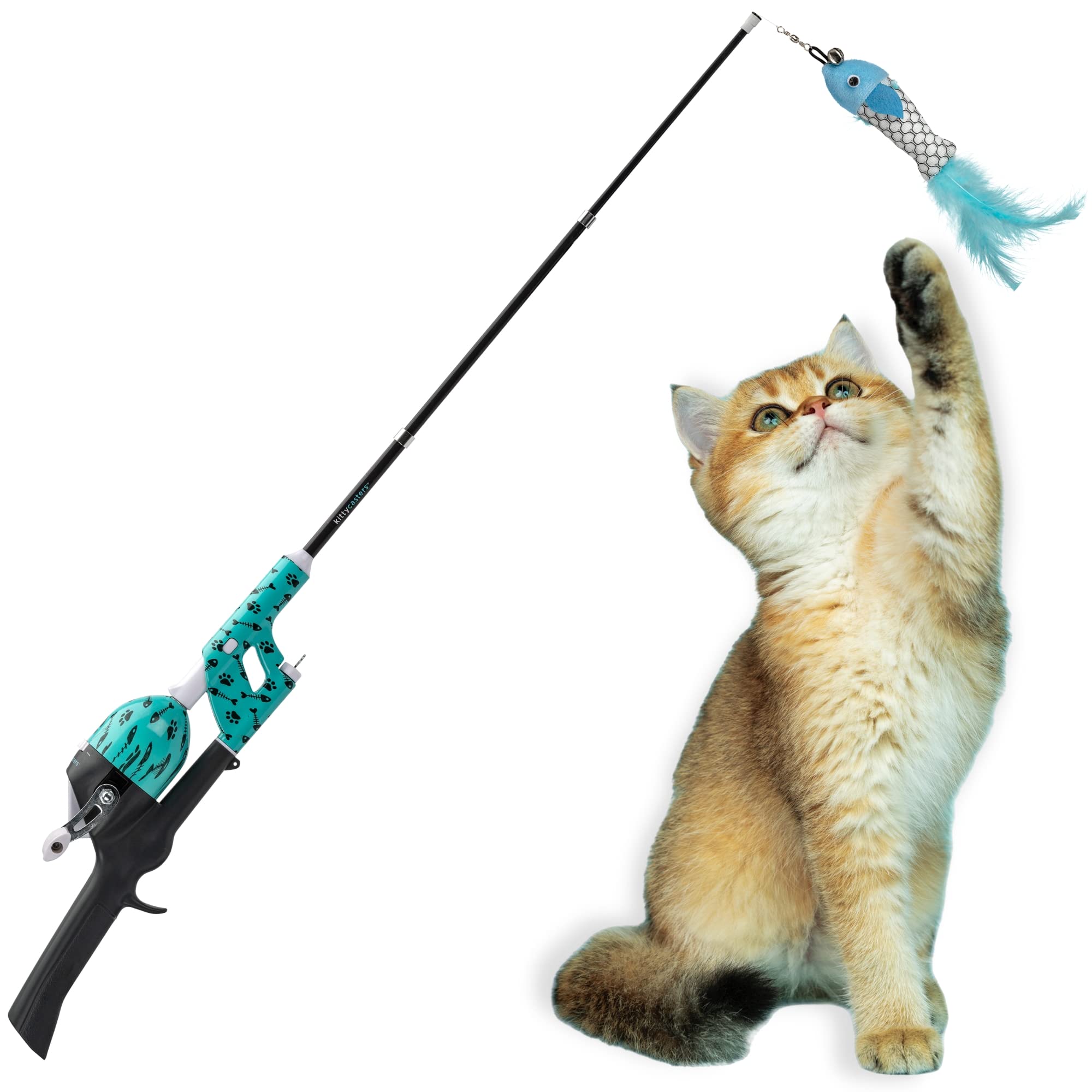cat playing with fishing pole by himself Cat Caster Fishing Pole Toy